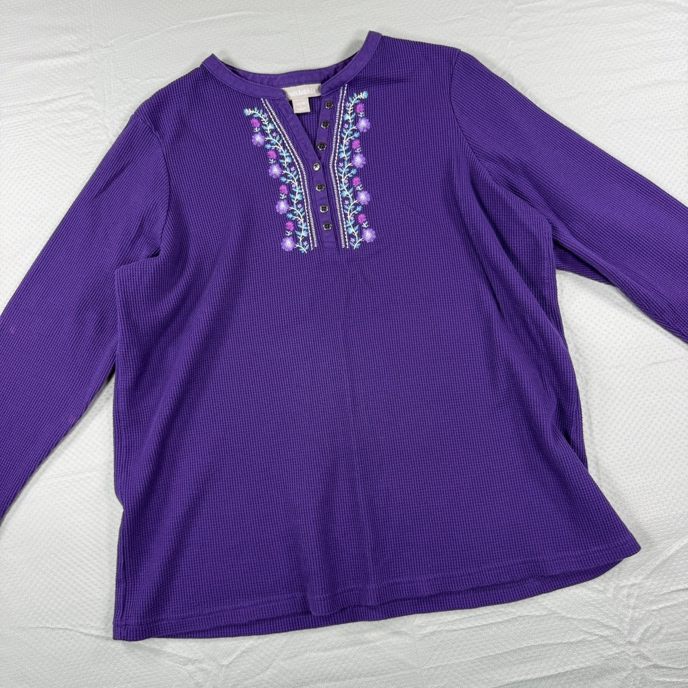 Woman Within Purple Floral Thermal Embroidered Waffle Knit Henley Women L 18/20